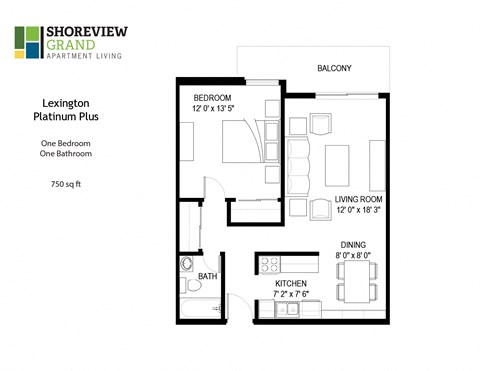 Floor plan for 1 bed, 1 bath, 750 sqft